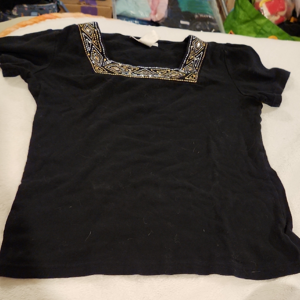 Rebecca Malone Black Top with Gold and Silver Embellishments